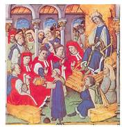 Kataluniako consellerrak Alfontso ?Bihotz Handiaren? aurrean, XV. mendeko miniatura batean.<br><br>